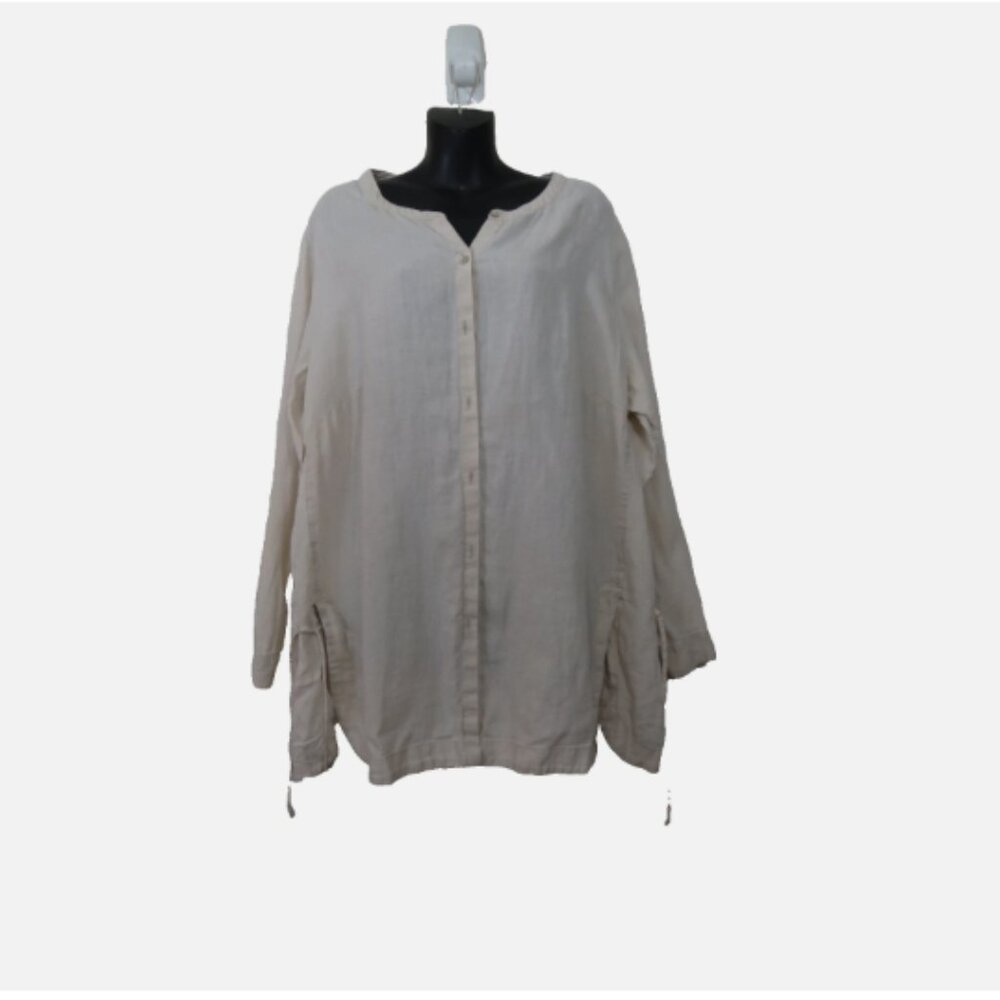 J Jill size 2X Linen Button Down Tunic Side Ties Long Sleeve Beige